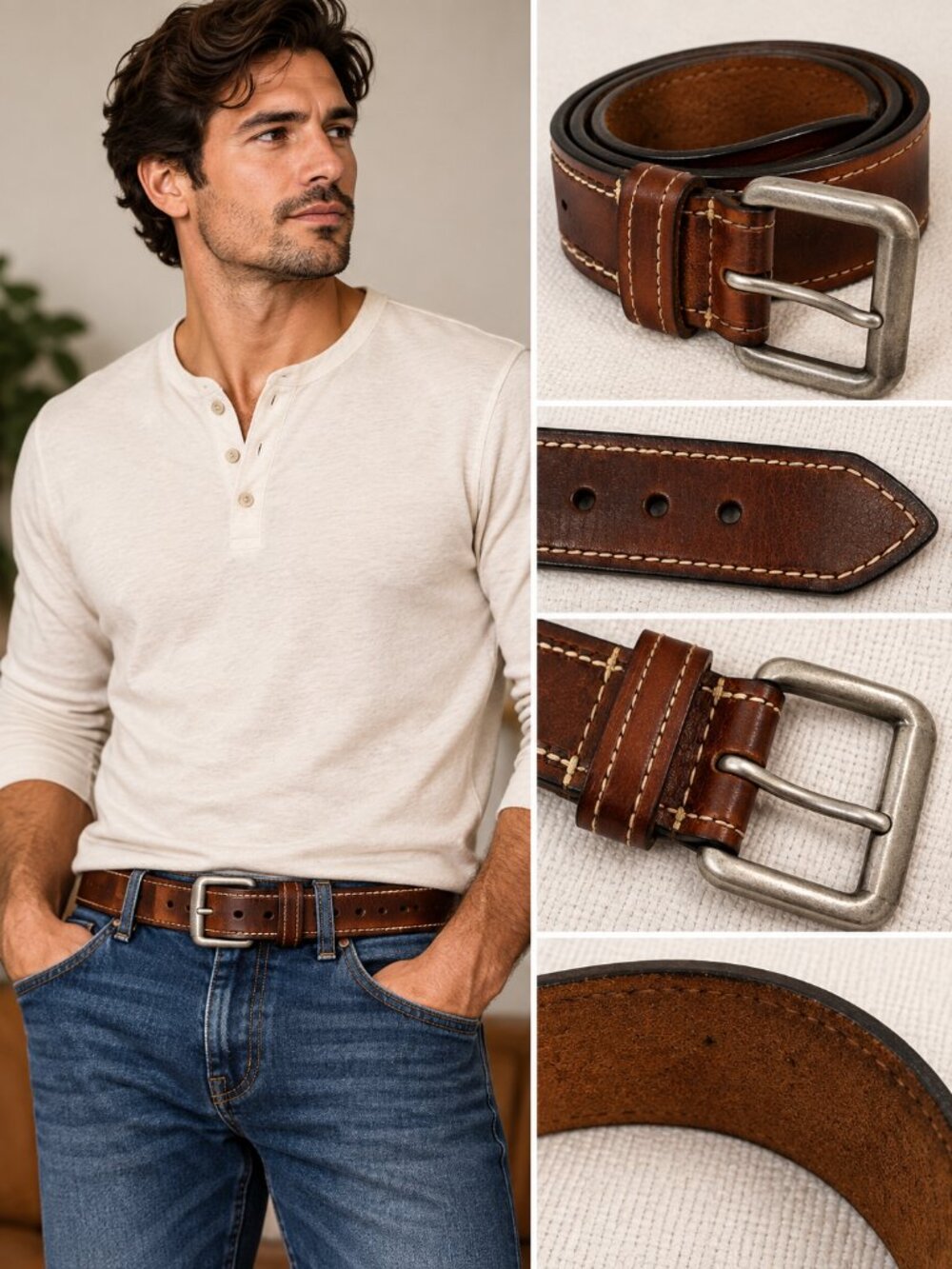 Men’s Brown Leather Western Belt Silver Buckle Contrast Stitching